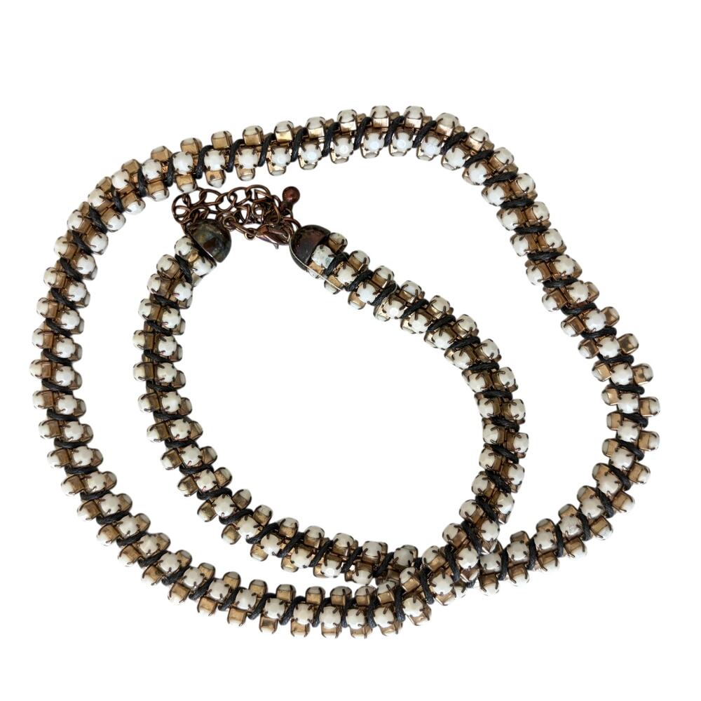 Anthropologie Vintage Bronze Tone and White Bead Stone 3D Statement Necklace